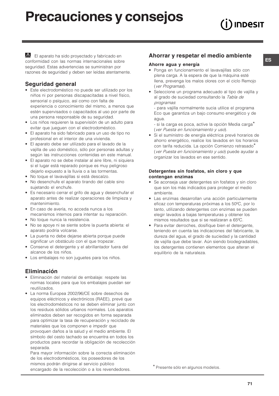 Precauciones y consejos, Seguridad general, Eliminación | Ahorrar y respetar el medio ambiente | Indesit DSG-263-EU User Manual | Page 71 / 84