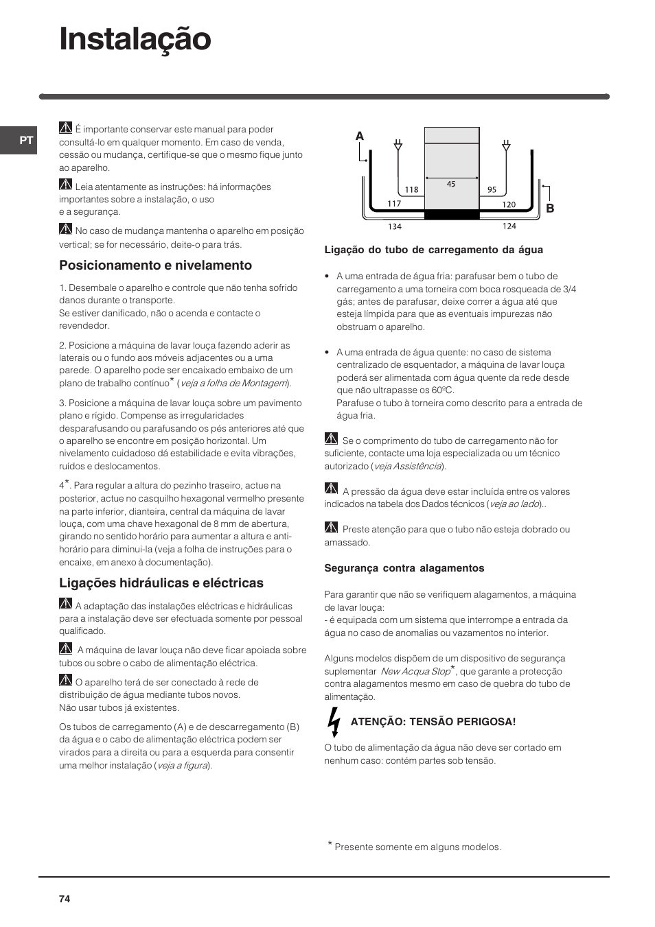 Instalação, Posicionamento e nivelamento, Ligações hidráulicas e eléctricas | Indesit DSG-263-EU User Manual | Page 74 / 84