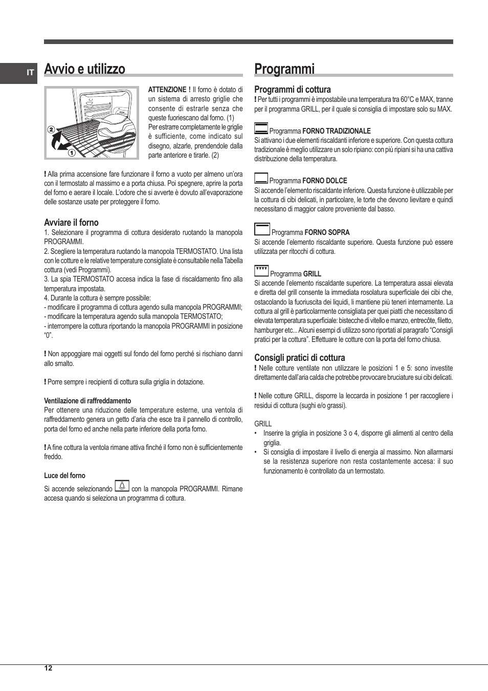 Avvio e utilizzo, Programmi, Avviare il forno | Programmi di cottura, Consigli pratici di cottura | Indesit FIM-20-K.A-IX-S User Manual | Page 12 / 48