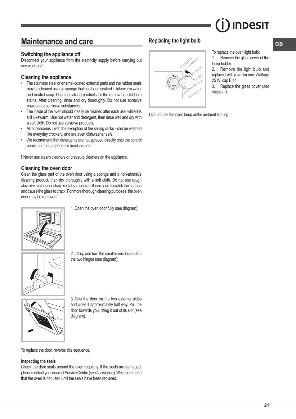 Maintenance and care | Indesit FIM-20-K.A-IX-S User Manual | Page 21 / 48