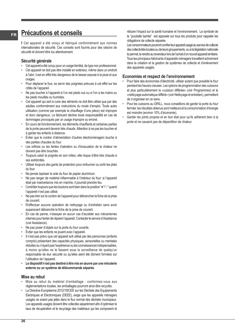 Précautions et conseils, Sécurité générale, Mise au rebut | Economies et respect de l’environnement | Indesit FIM-20-K.A-IX-S User Manual | Page 26 / 48