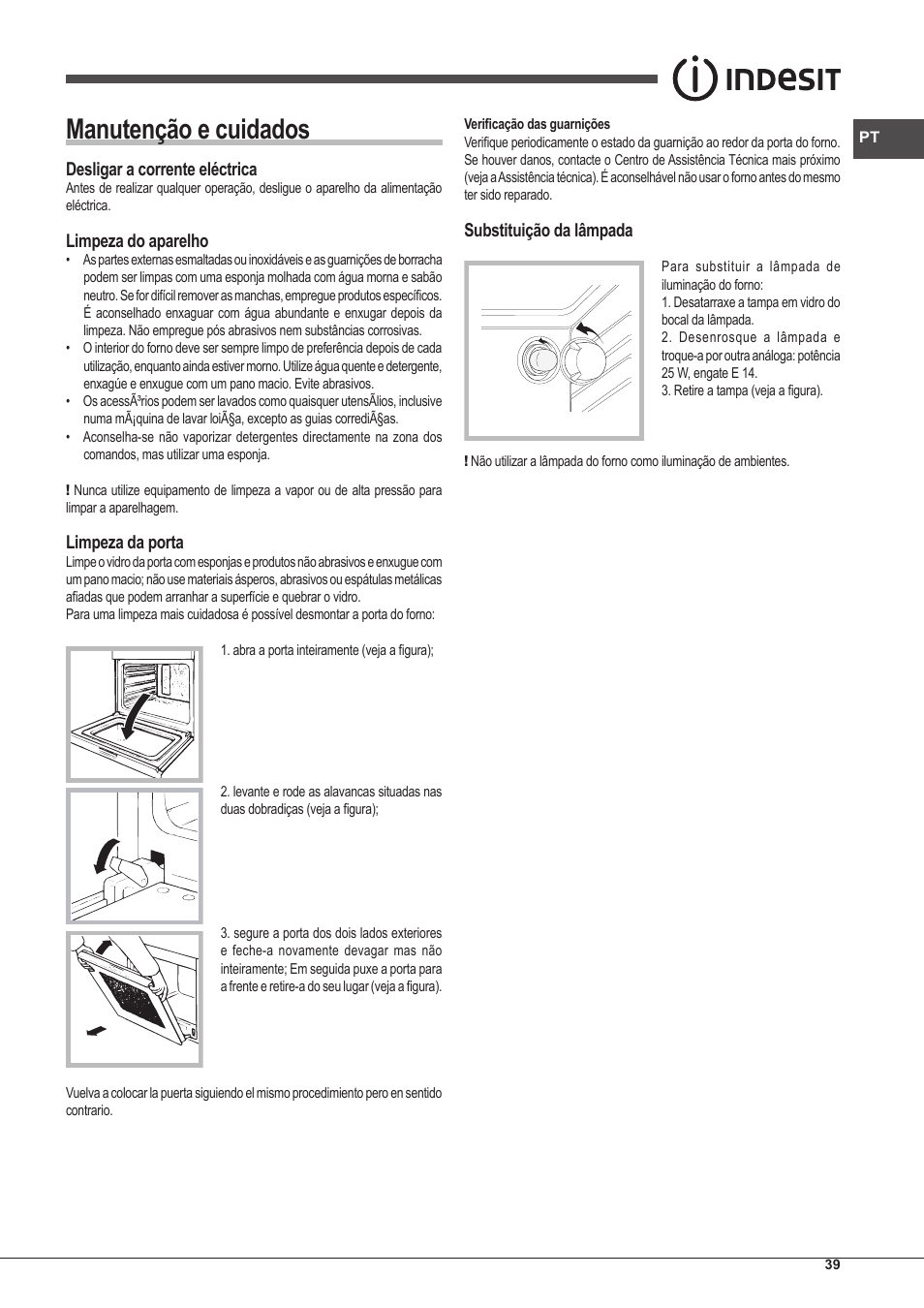 Manutenção e cuidados | Indesit FIM-20-K.A-IX-S User Manual | Page 39 / 48