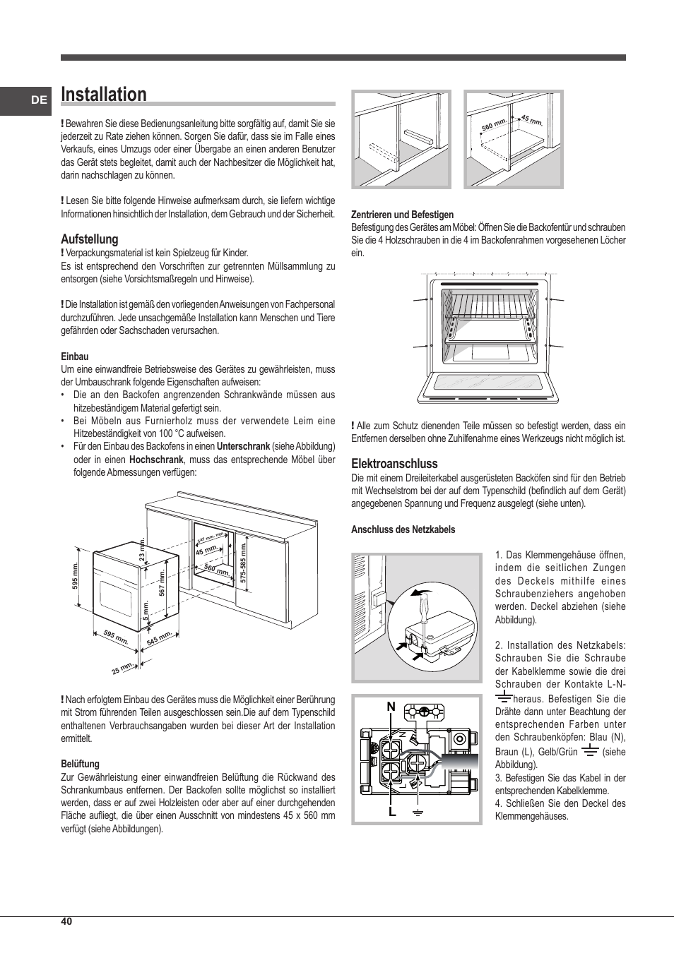 Installation, Aufstellung, Elektroanschluss | Indesit FIM-20-K.A-IX-S User Manual | Page 40 / 48