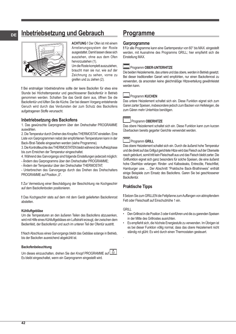 Inbetriebsetzung und gebrauch, Programme, Inbetriebsetzung des backofens | Garprogramme, Praktische tipps | Indesit FIM-20-K.A-IX-S User Manual | Page 42 / 48