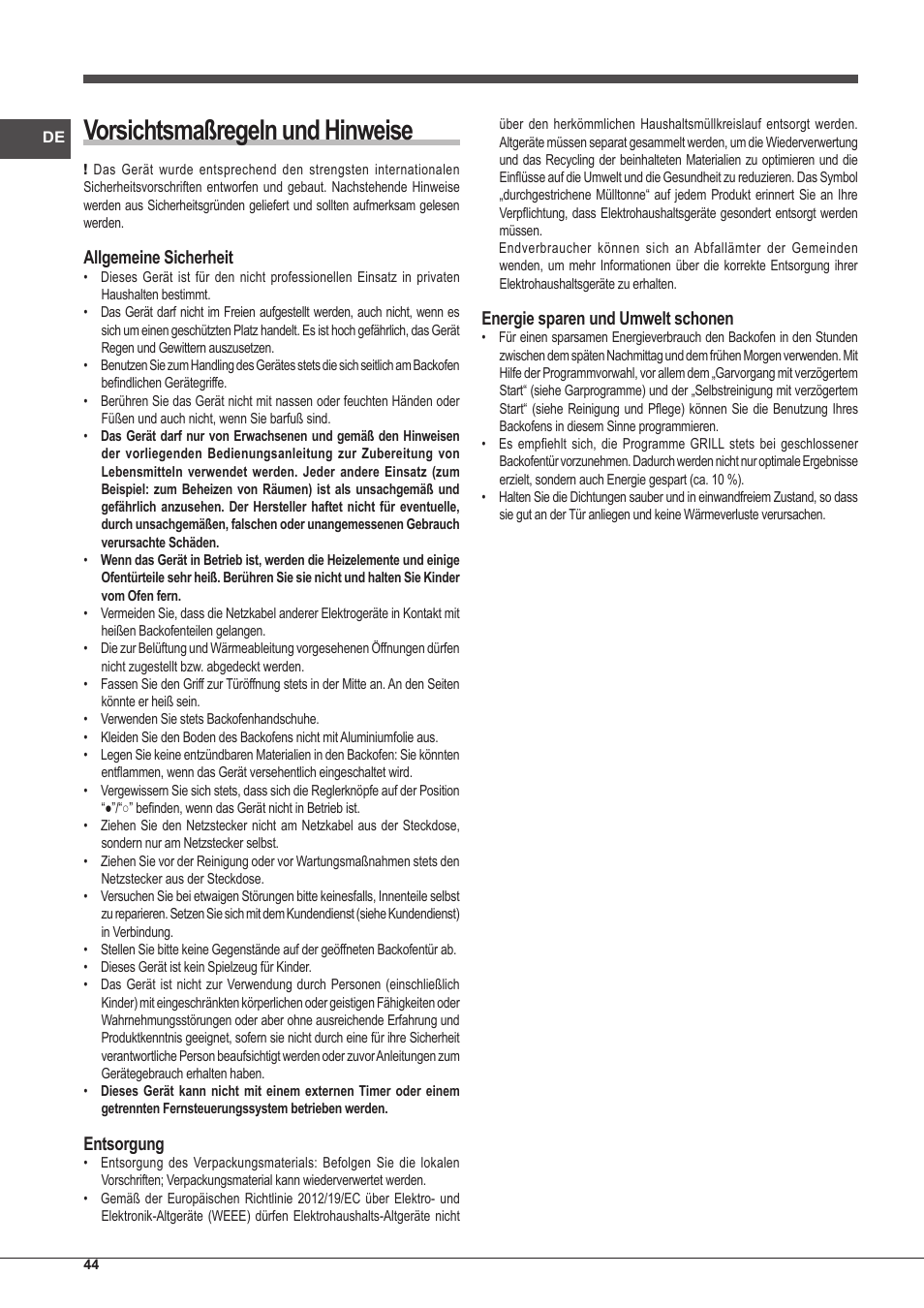 Vorsichtsmaßregeln und hinweise, Allgemeine sicherheit, Entsorgung | Energie sparen und umwelt schonen | Indesit FIM-20-K.A-IX-S User Manual | Page 44 / 48