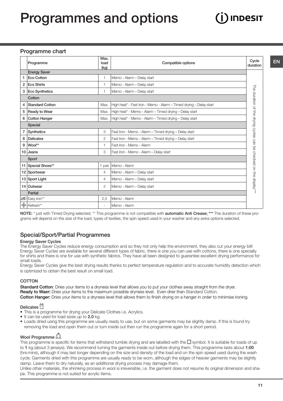 Programmes and options, Special/sport/partial programmes, Programme chart | Indesit IDCE-G45-B-H-(EU) User Manual | Page 11 / 80