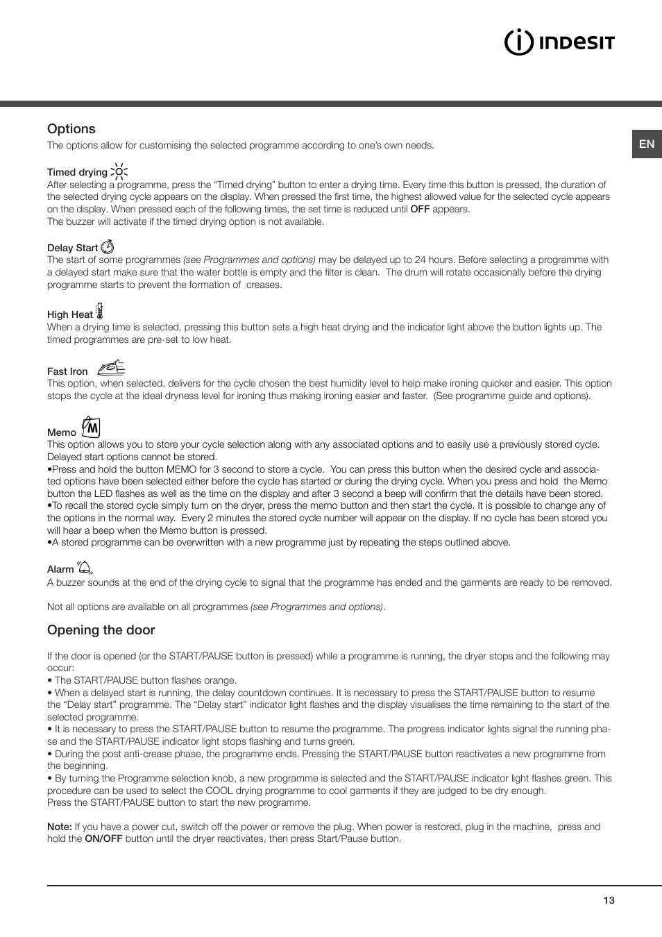 Options, Opening the door | Indesit IDCE-G45-B-H-(EU) User Manual | Page 13 / 80