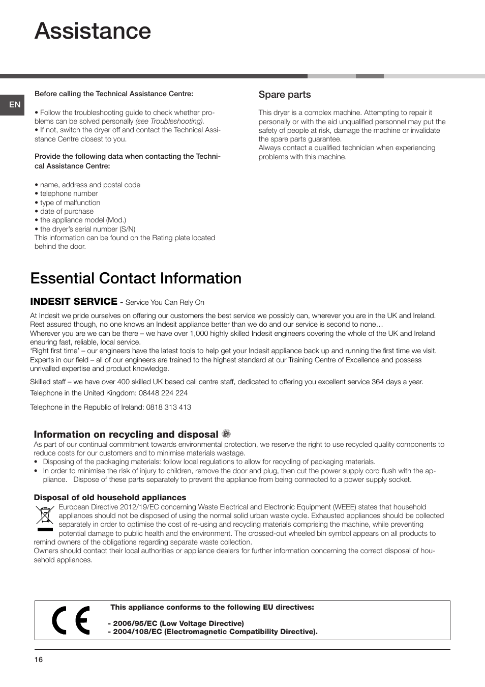 Assistance, Essential contact information | Indesit IDCE-G45-B-H-(EU) User Manual | Page 16 / 80