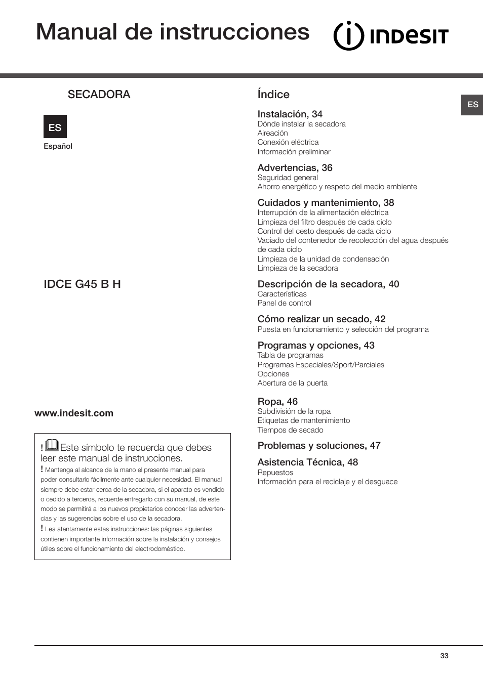 Manual de instrucciones, Idce g45 b h, Secadora | Índice | Indesit IDCE-G45-B-H-(EU) User Manual | Page 17 / 80