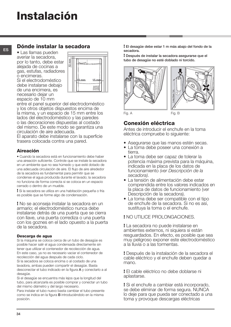 Instalación, Dónde instalar la secadora, Conexión eléctrica | Indesit IDCE-G45-B-H-(EU) User Manual | Page 18 / 80