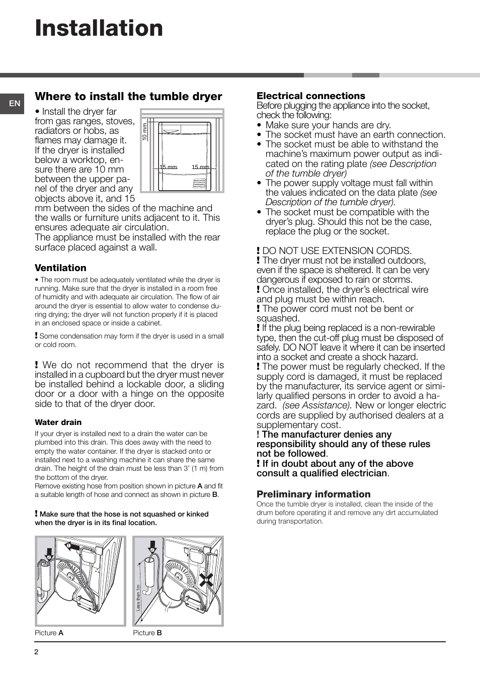 Installation, Where to install the tumble dryer | Indesit IDCE-G45-B-H-(EU) User Manual | Page 2 / 80