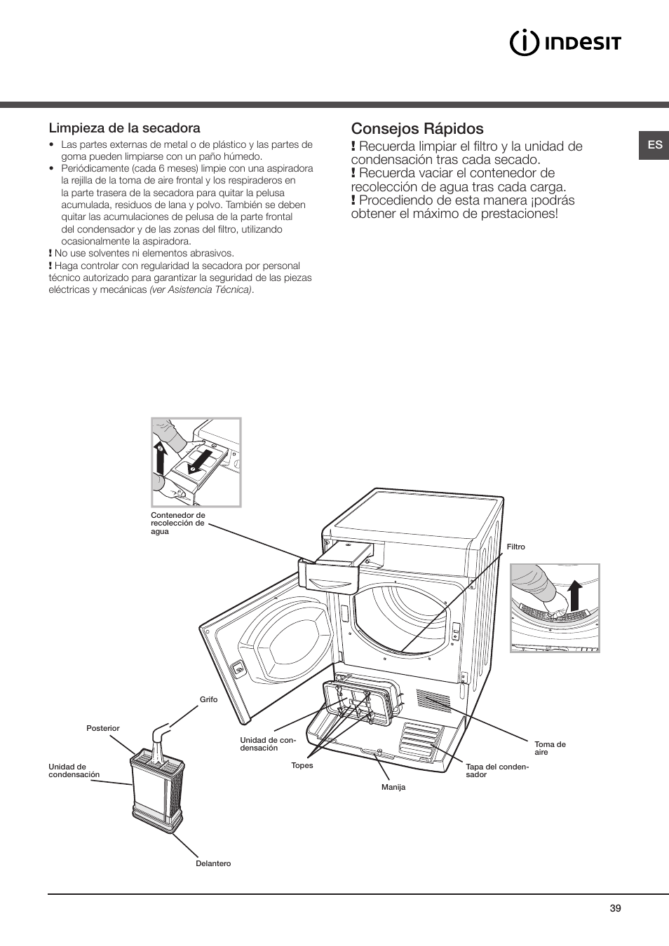 Cuidados y mantenimiento, Interrupción de la alimentación eléctrica, Limpieza del filtro después de cada ciclo | Limpieza de la unidad de condensación, Consejos rápidos | Indesit IDCE-G45-B-H-(EU) User Manual | Page 23 / 80