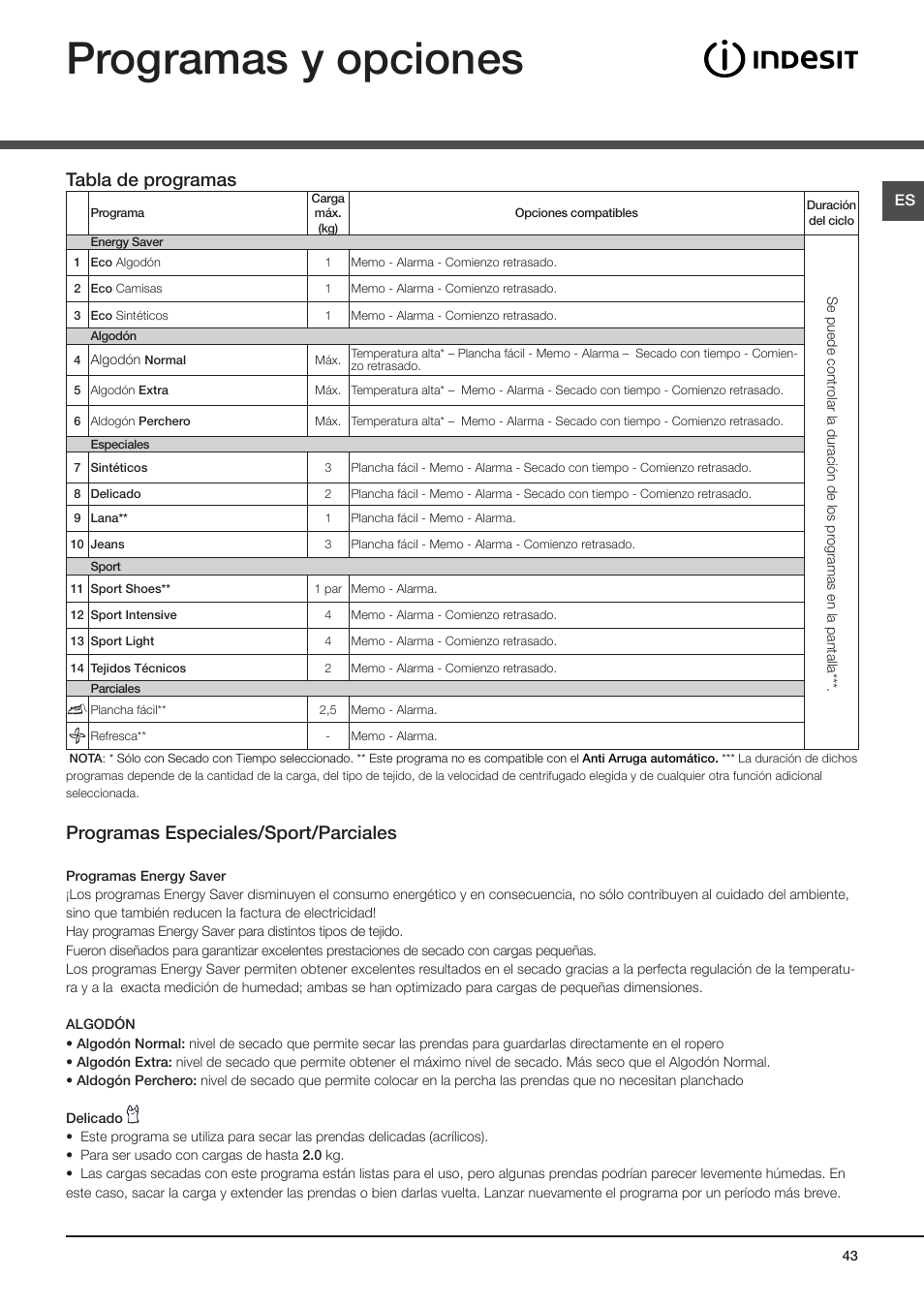Programas y opciones, Tabla de programas, Programas especiales/sport/parciales | Indesit IDCE-G45-B-H-(EU) User Manual | Page 27 / 80