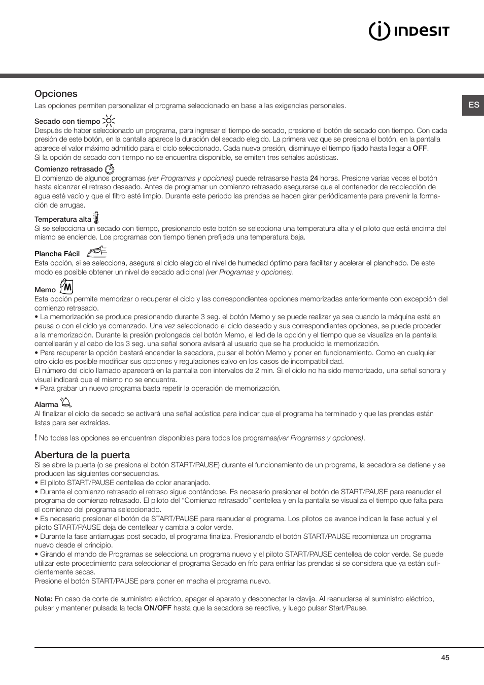 Opciones, Abertura de la puerta | Indesit IDCE-G45-B-H-(EU) User Manual | Page 29 / 80