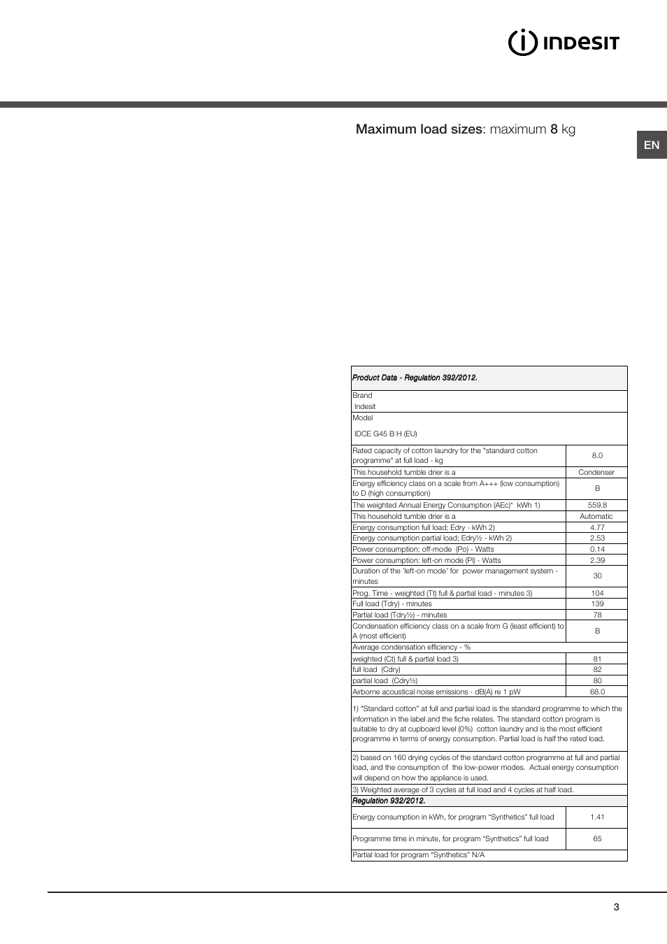 Installation, Where to install the tumble dryer, Electrical connections | Maximum load sizes: maximum 8 kg | Indesit IDCE-G45-B-H-(EU) User Manual | Page 3 / 80