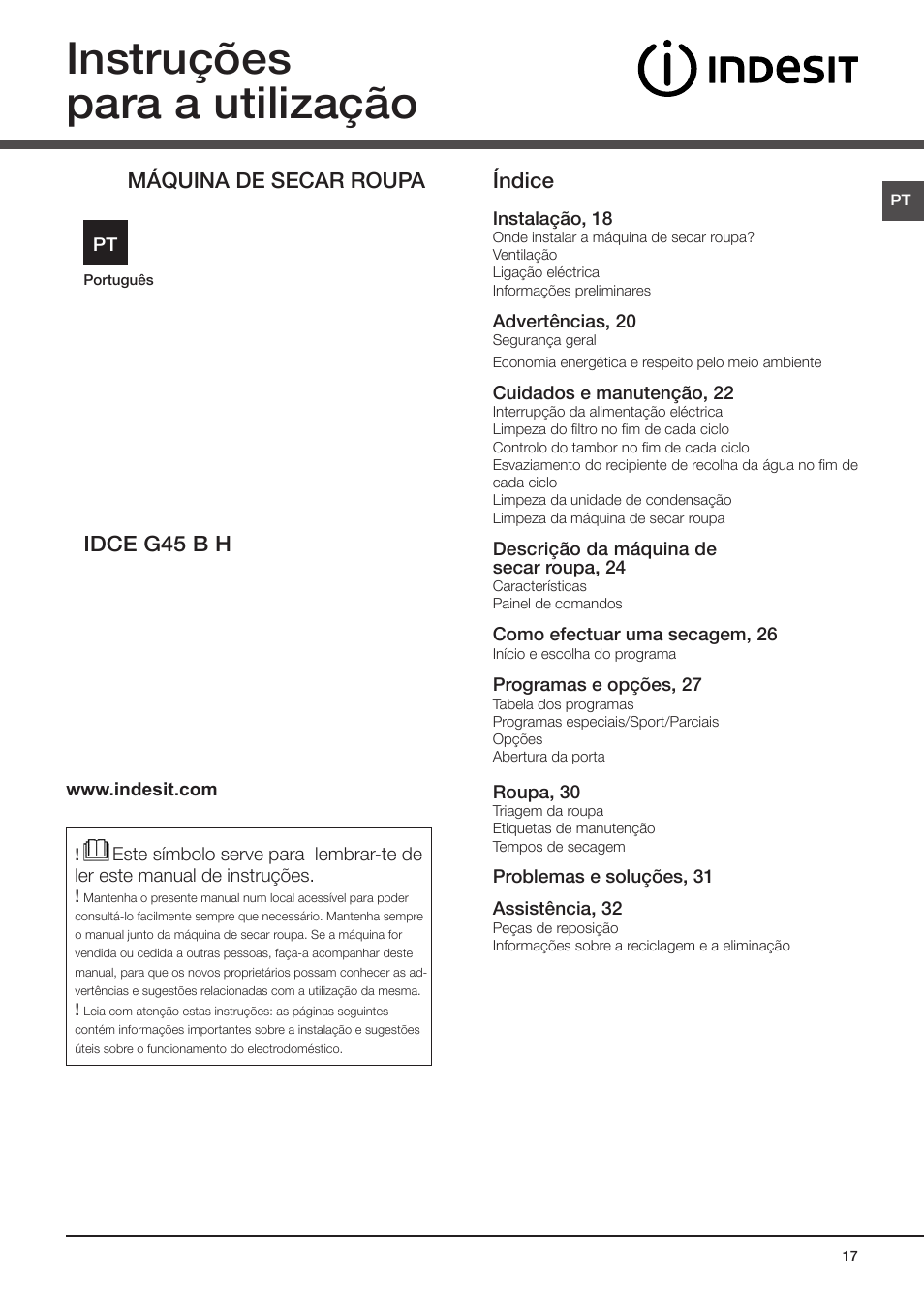 Instruções para a utilização, Idce g45 b h máquina de secar roupa, Índice | Indesit IDCE-G45-B-H-(EU) User Manual | Page 33 / 80