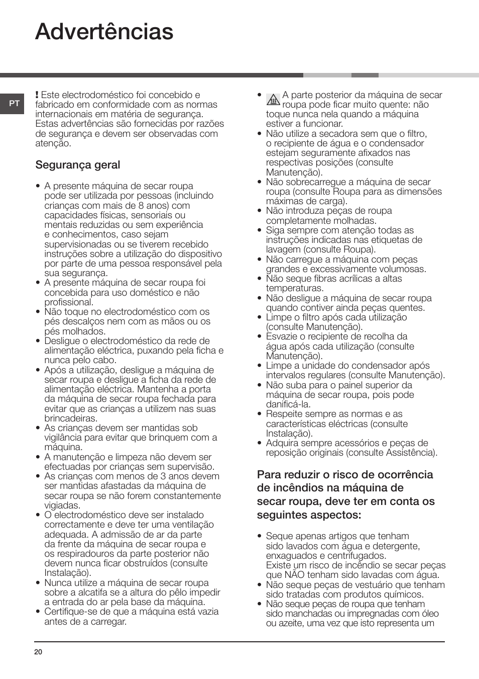 Advertências | Indesit IDCE-G45-B-H-(EU) User Manual | Page 36 / 80