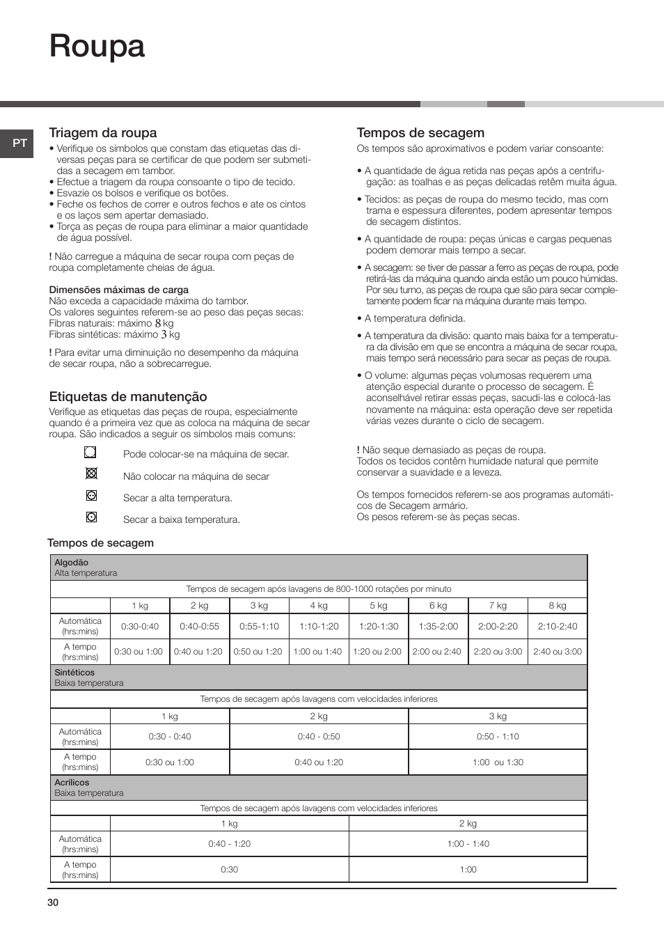 Roupa, Triagem da roupa, Etiquetas de manutenção | Tempos de secagem | Indesit IDCE-G45-B-H-(EU) User Manual | Page 46 / 80