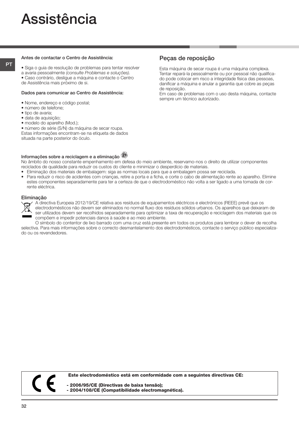 Assistência, Peças de reposição | Indesit IDCE-G45-B-H-(EU) User Manual | Page 48 / 80