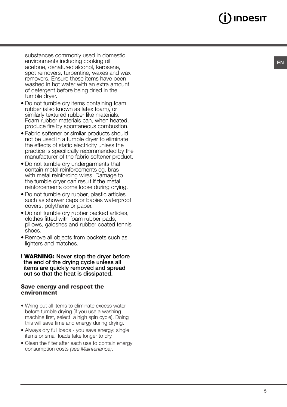 Warnings | Indesit IDCE-G45-B-H-(EU) User Manual | Page 5 / 80