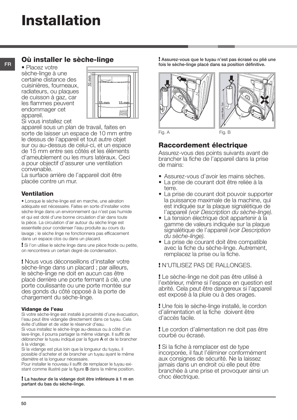 Installation, Où installer le sèche-linge, Raccordement électrique | Indesit IDCE-G45-B-H-(EU) User Manual | Page 50 / 80