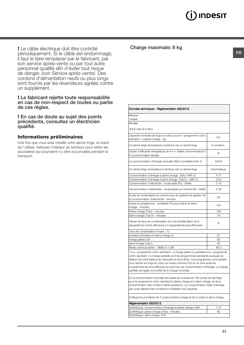 Installation, Où installer le sèche-linge, Raccordement électrique | Charge maximale: 8 kg | Indesit IDCE-G45-B-H-(EU) User Manual | Page 51 / 80