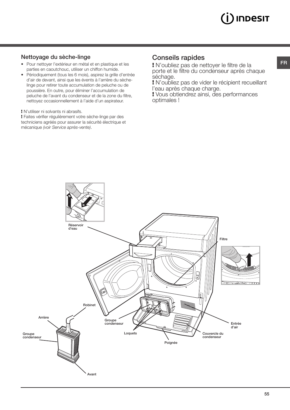 Soin et entretien, Interruption de l’alimentation électrique, Nettoyage du filtre après chaque cycle | Nettoyage du groupe condenseur, Conseils rapides | Indesit IDCE-G45-B-H-(EU) User Manual | Page 55 / 80