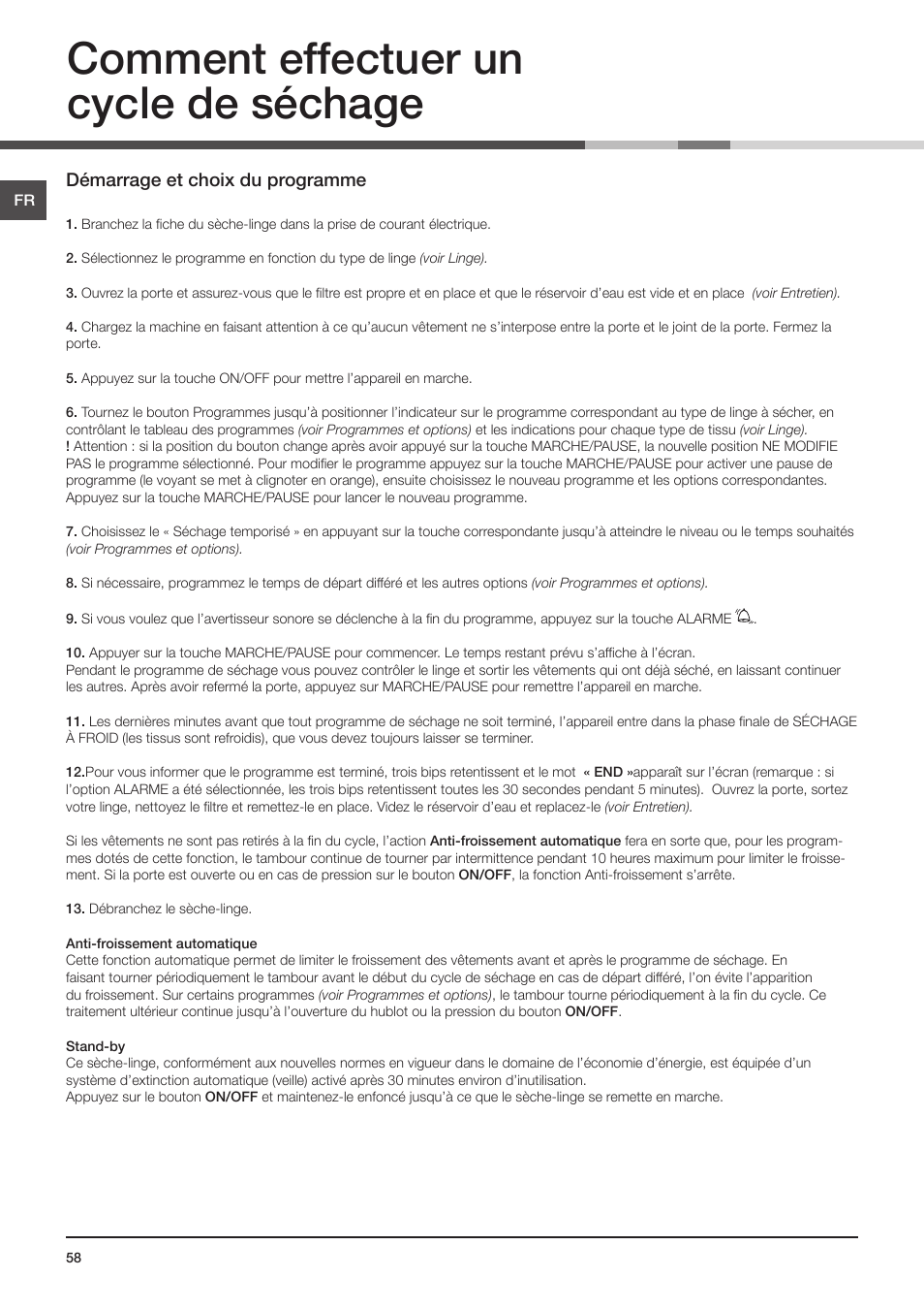 Comment effectuer un cycle de séchage | Indesit IDCE-G45-B-H-(EU) User Manual | Page 58 / 80