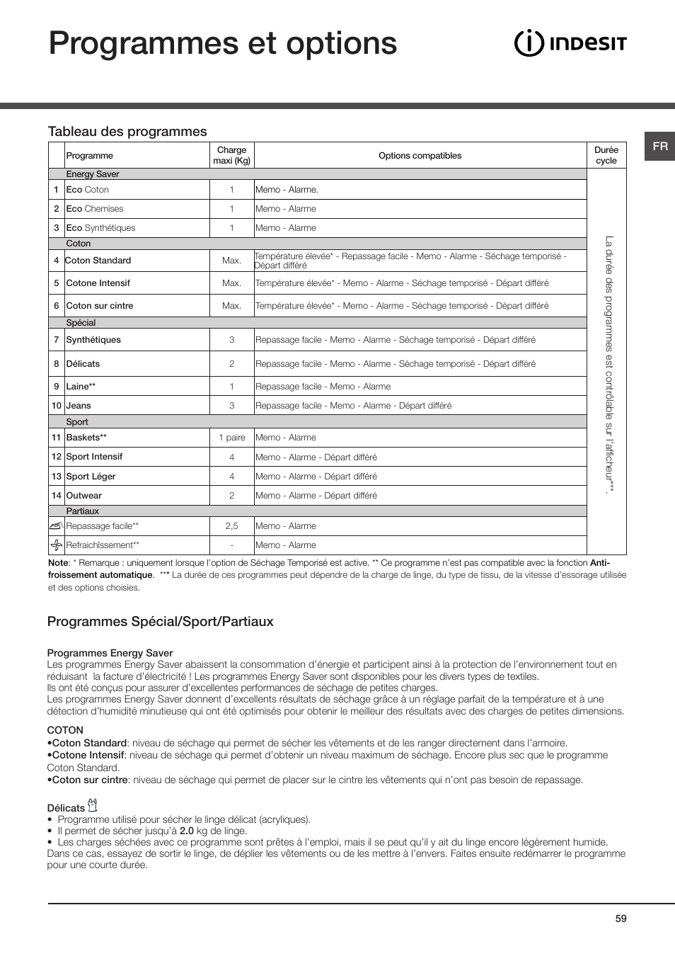 Programmes et options, Tableau des programmes, Programmes spécial/sport/partiaux | Indesit IDCE-G45-B-H-(EU) User Manual | Page 59 / 80