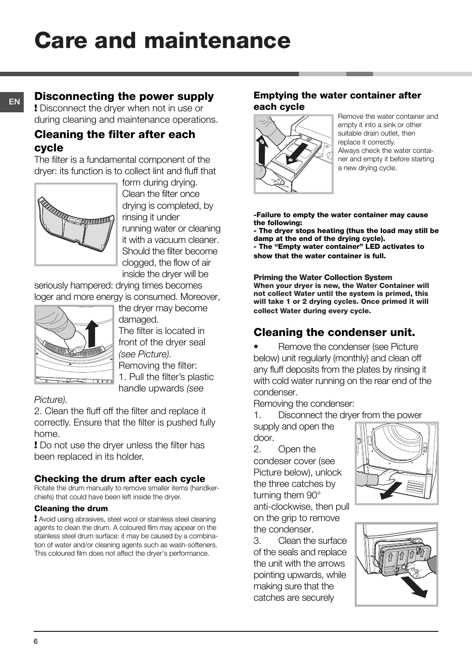 Care and maintenance, Disconnecting the power supply, Cleaning the filter after each cycle | Cleaning the condenser unit | Indesit IDCE-G45-B-H-(EU) User Manual | Page 6 / 80