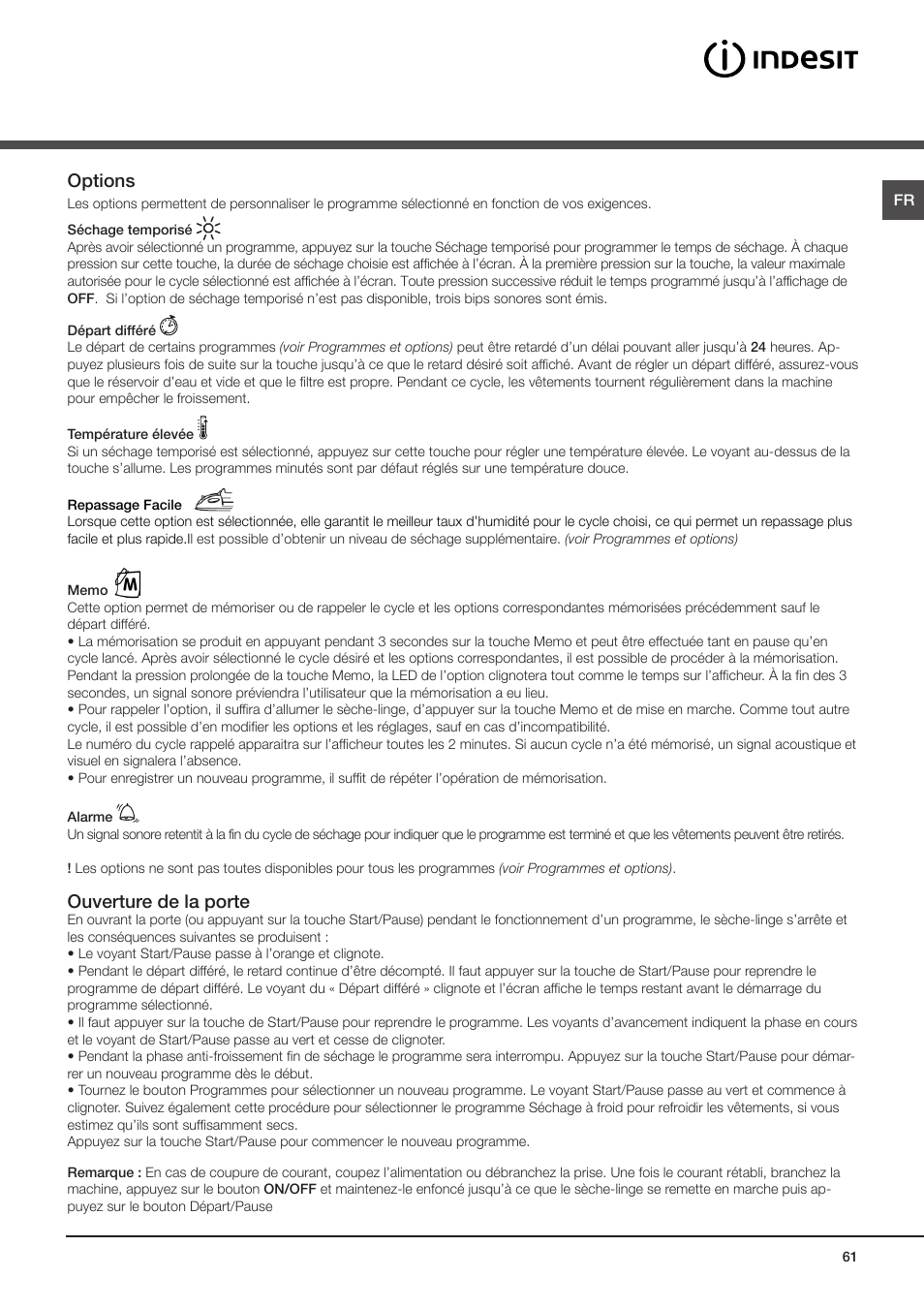 Options, Ouverture de la porte | Indesit IDCE-G45-B-H-(EU) User Manual | Page 61 / 80