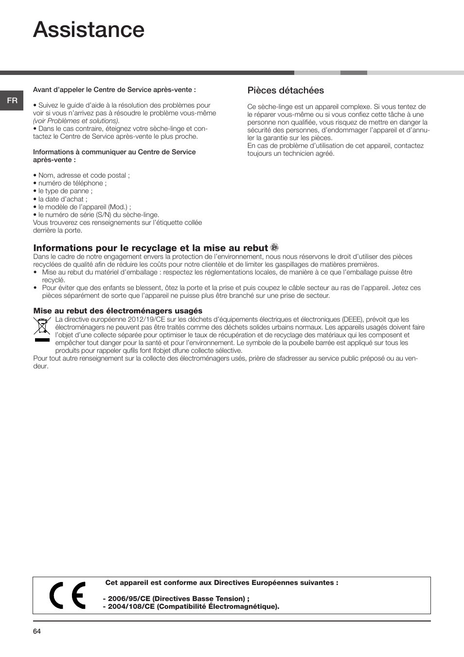 Assistance, Pièces détachées, Informations pour le recyclage et la mise au rebut | Indesit IDCE-G45-B-H-(EU) User Manual | Page 64 / 80