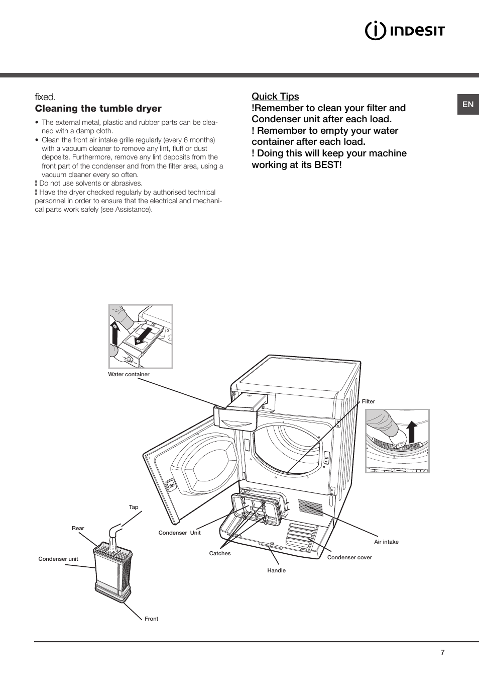 Care and maintenance, Disconnecting the power supply, Cleaning the filter after each cycle | Cleaning the condenser unit | Indesit IDCE-G45-B-H-(EU) User Manual | Page 7 / 80
