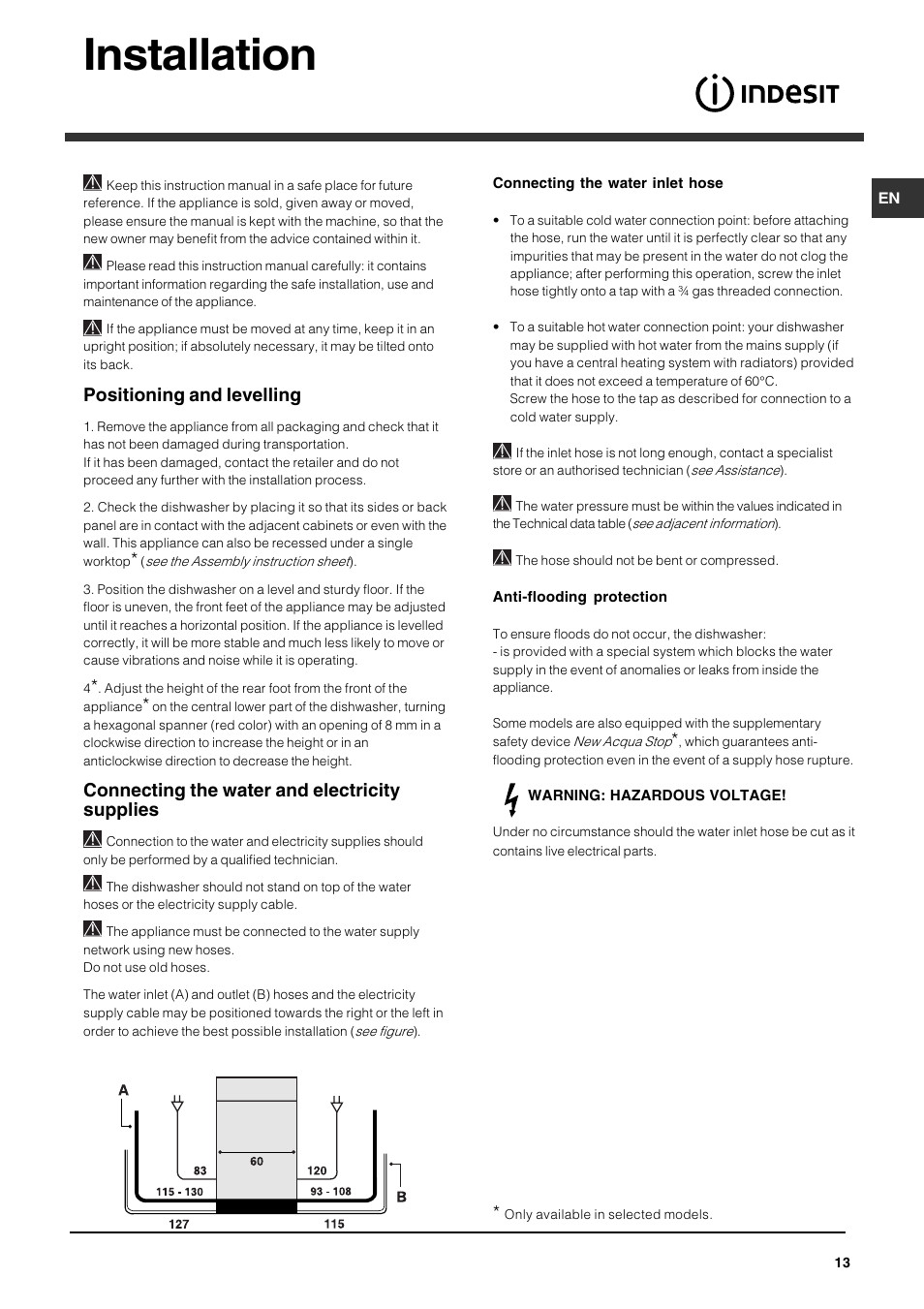 Installation, Positioning and levelling, Connecting the water and electricity supplies | Indesit DPG-15-IX User Manual | Page 13 / 80