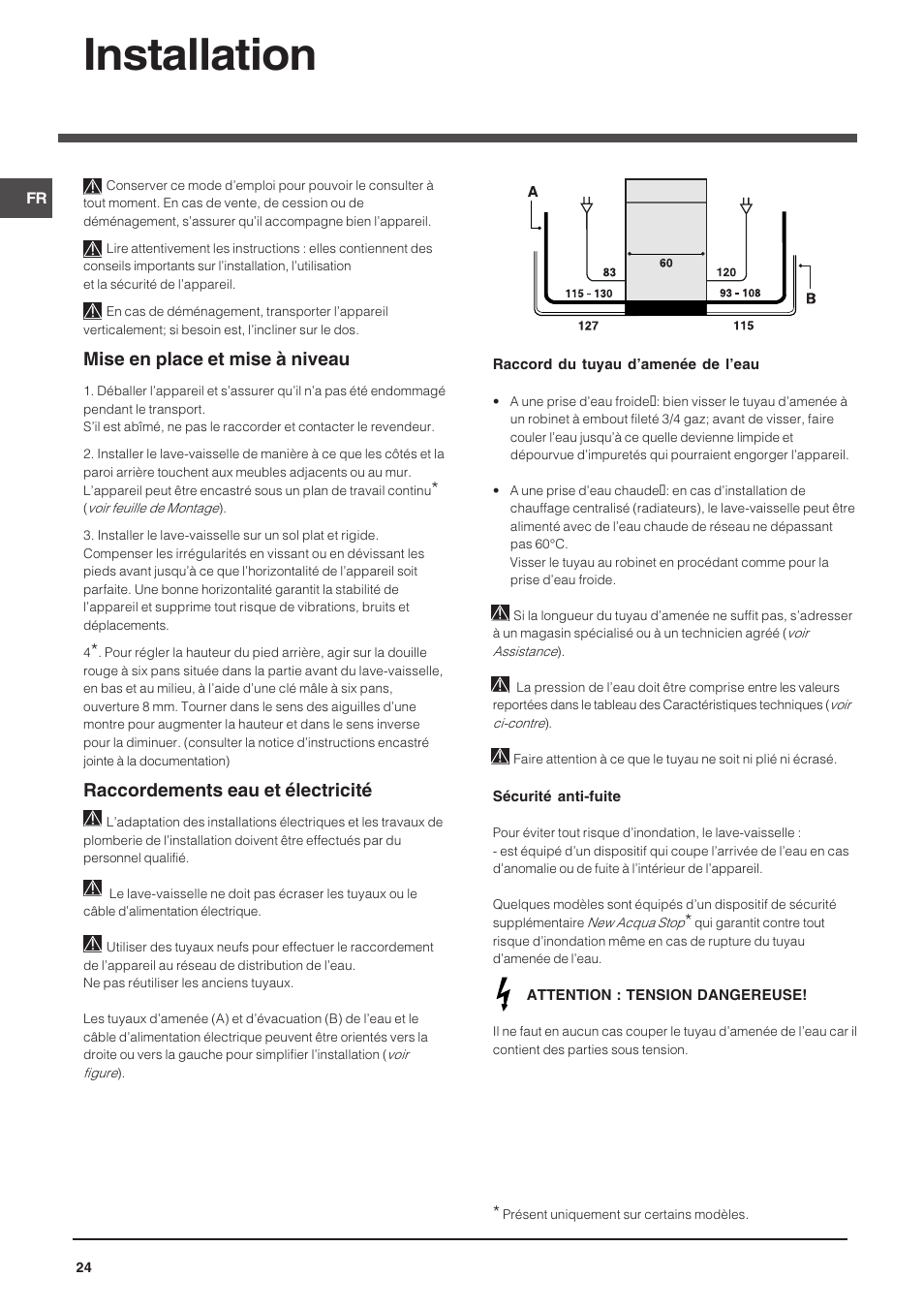 Installation, Mise en place et mise à niveau, Raccordements eau et électricité | Indesit DPG-15-IX User Manual | Page 24 / 80