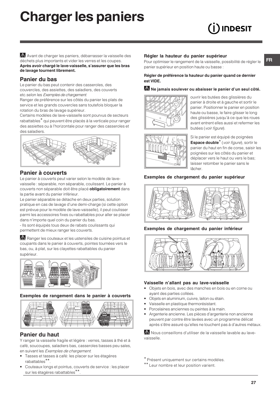 Charger les paniers, Panier du bas, Panier à couverts | Panier du haut | Indesit DPG-15-IX User Manual | Page 27 / 80