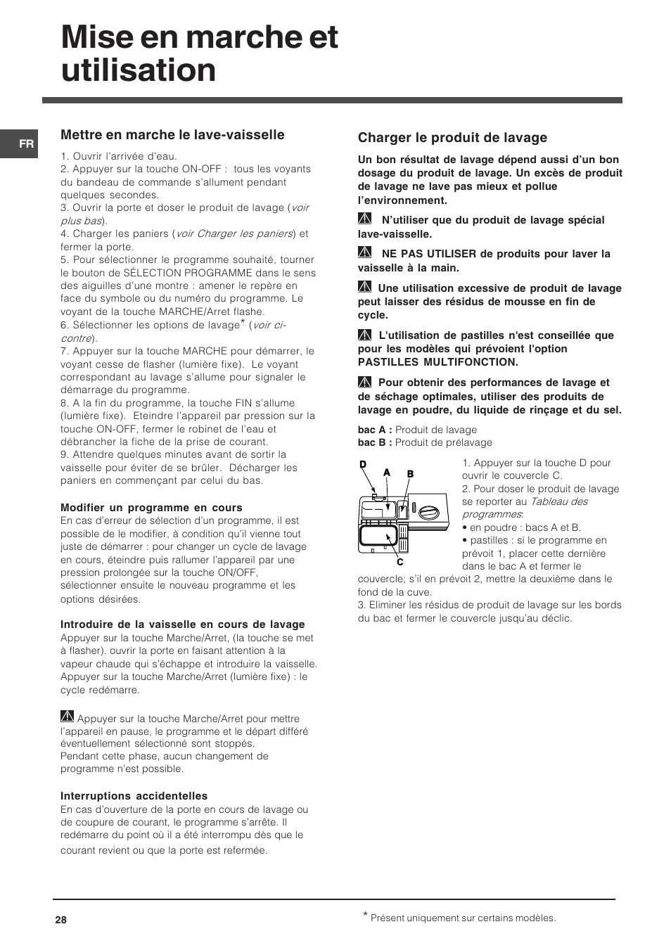 Mise en marche et utilisation, Charger le produit de lavage, Mettre en marche le lave-vaisselle | Indesit DPG-15-IX User Manual | Page 28 / 80