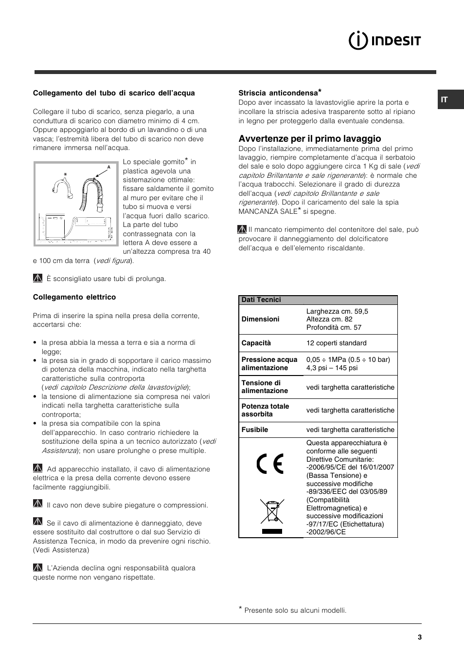 Avvertenze per il primo lavaggio | Indesit DPG-15-IX User Manual | Page 3 / 80