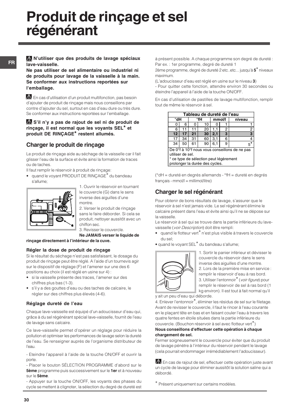 Produit de rinçage et sel régénérant, Charger le produit de rinçage, Charger le sel régénérant | Indesit DPG-15-IX User Manual | Page 30 / 80