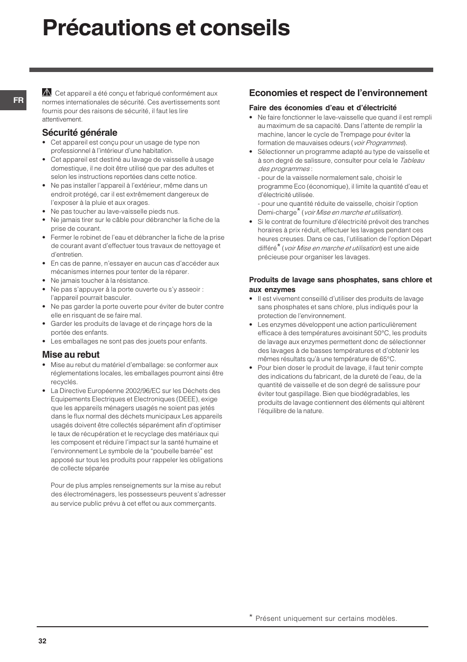 Précautions et conseils, Sécurité générale, Mise au rebut | Economies et respect de lenvironnement | Indesit DPG-15-IX User Manual | Page 32 / 80