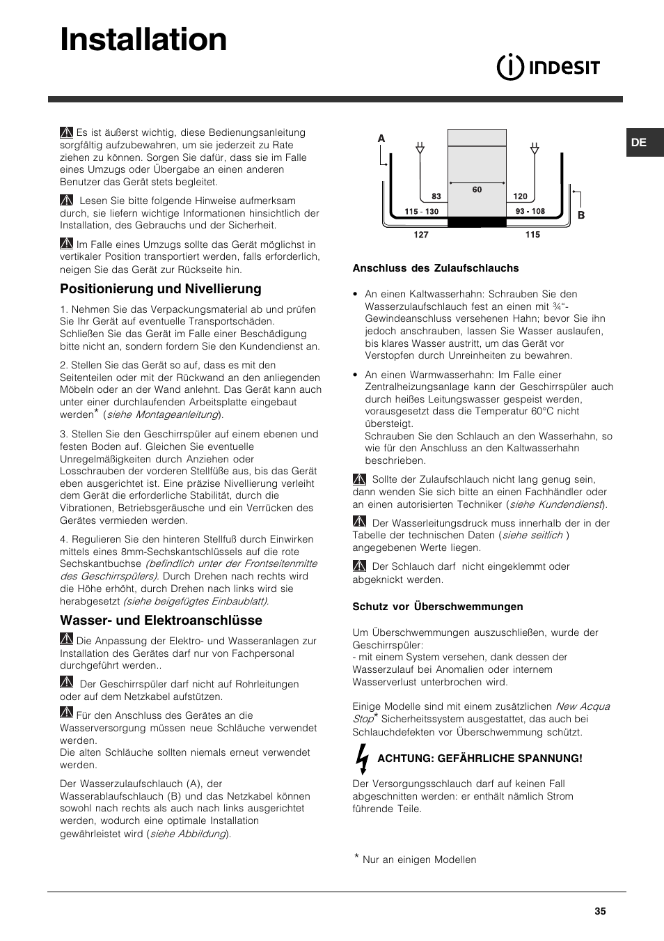 Installation, Positionierung und nivellierung, Wasser- und elektroanschlüsse | Indesit DPG-15-IX User Manual | Page 35 / 80