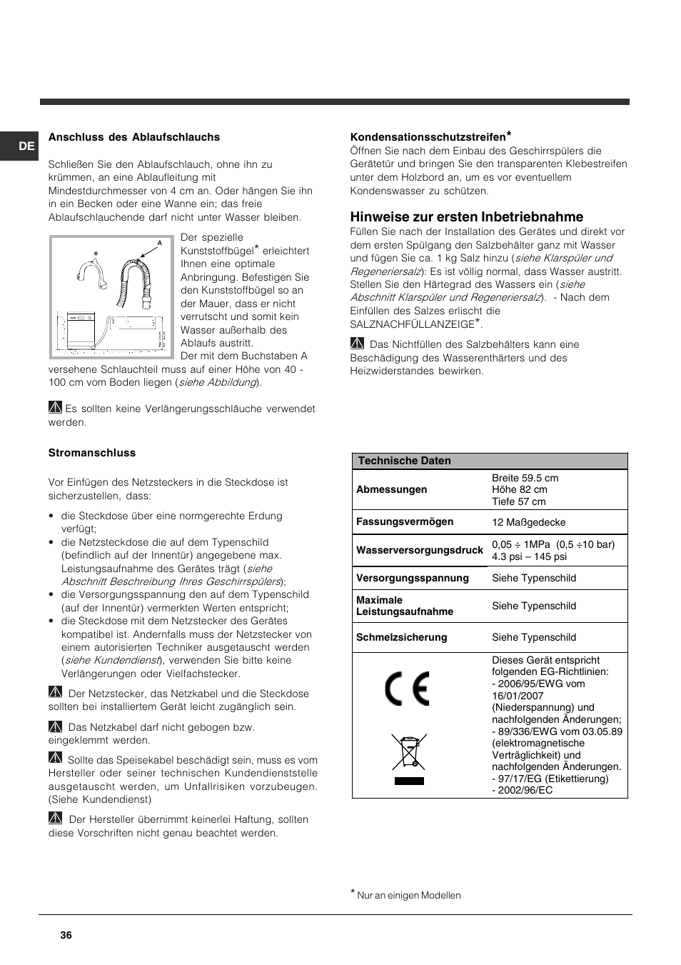 Hinweise zur ersten inbetriebnahme | Indesit DPG-15-IX User Manual | Page 36 / 80