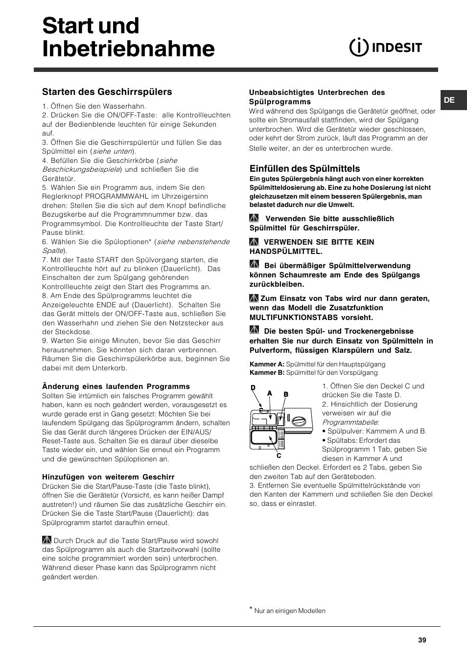 Start und inbetriebnahme, Einfüllen des spülmittels, Starten des geschirrspülers | Indesit DPG-15-IX User Manual | Page 39 / 80