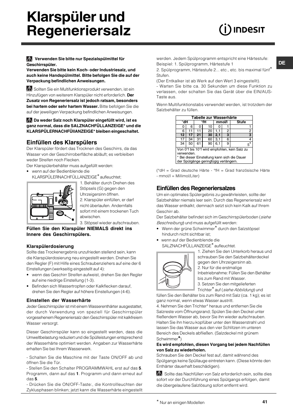 Klarspüler und regeneriersalz, Einfüllen des klarspülers, Einfüllen des regeneriersalzes | Indesit DPG-15-IX User Manual | Page 41 / 80