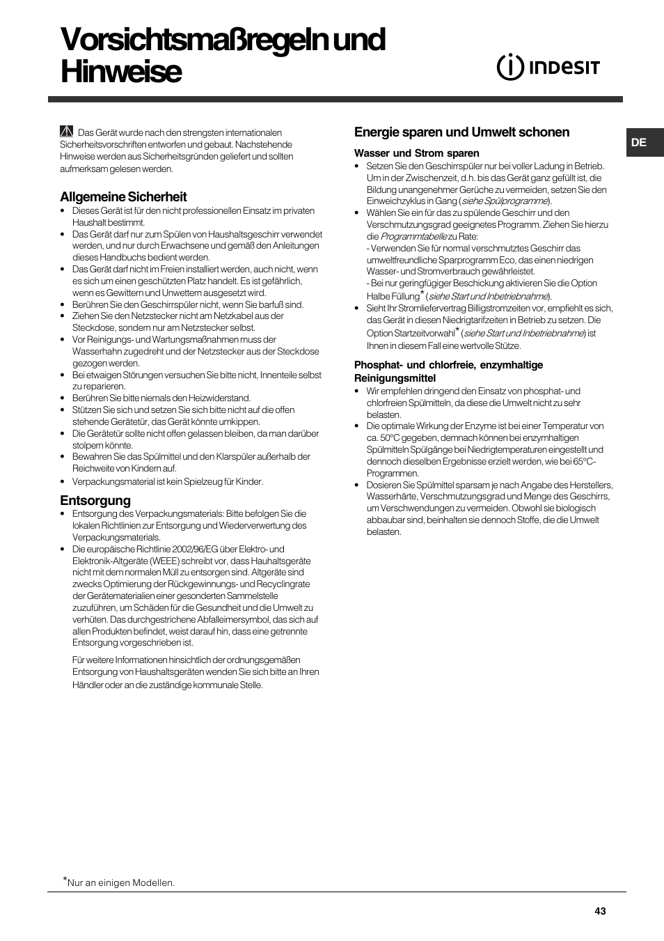 Vorsichtsmaßregeln und hinweise, Allgemeine sicherheit, Entsorgung | Energie sparen und umwelt schonen | Indesit DPG-15-IX User Manual | Page 43 / 80