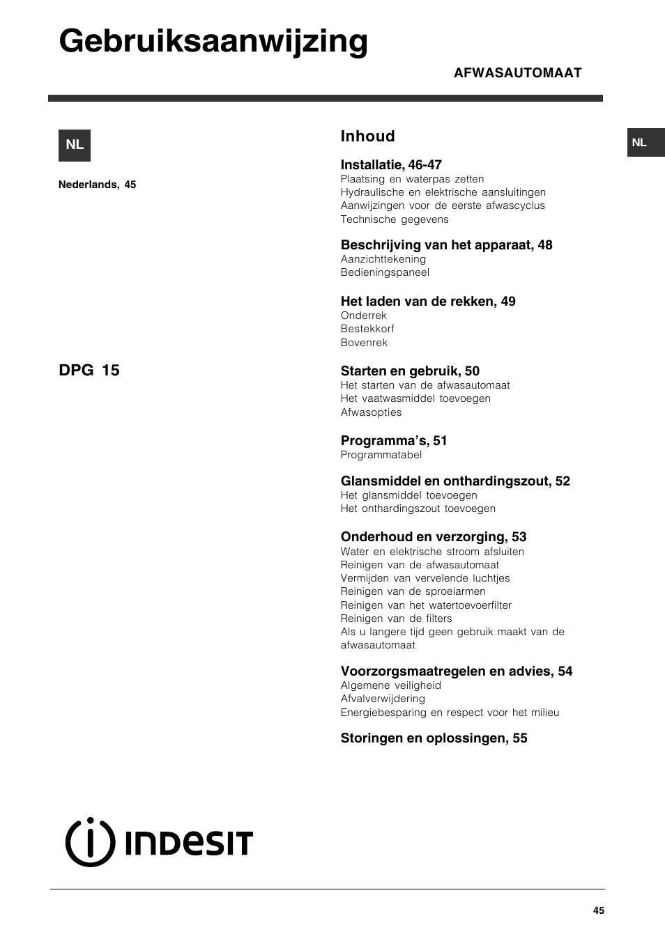 Gebruiksaanwijzing, Inhoud, Dpg 15 | Indesit DPG-15-IX User Manual | Page 45 / 80