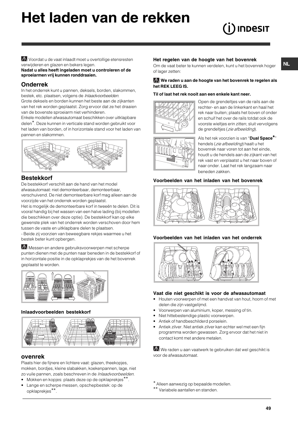 Het laden van de rekken, Onderrek, Bestekkorf | Ovenrek | Indesit DPG-15-IX User Manual | Page 49 / 80