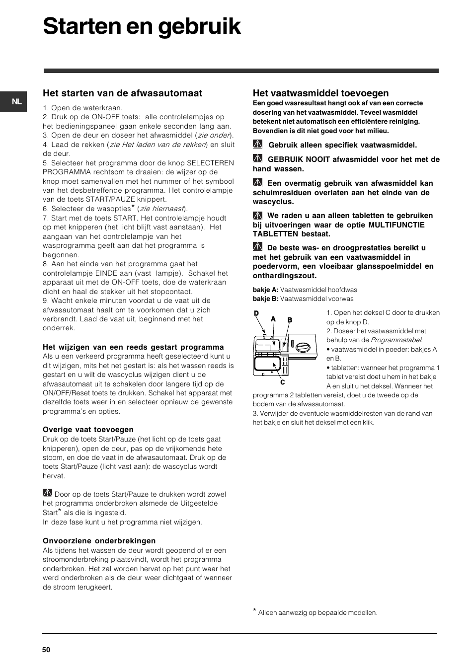 Starten en gebruik, Het vaatwasmiddel toevoegen, Het starten van de afwasautomaat | Indesit DPG-15-IX User Manual | Page 50 / 80