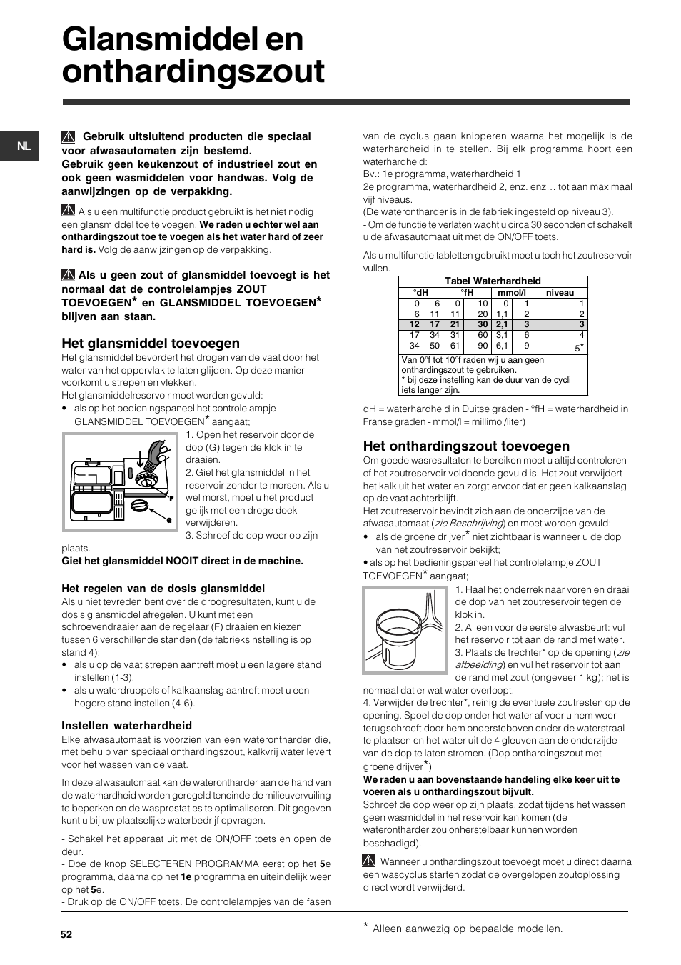 Glansmiddel en onthardingszout, Het glansmiddel toevoegen, Het onthardingszout toevoegen | Indesit DPG-15-IX User Manual | Page 52 / 80