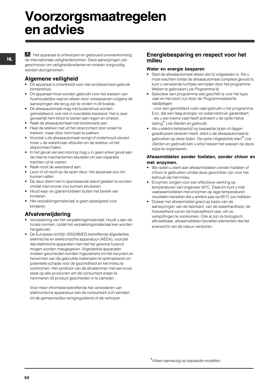 Voorzorgsmaatregelen en advies, Algemene veiligheid, Afvalverwijdering | Energiebesparing en respect voor het milieu | Indesit DPG-15-IX User Manual | Page 54 / 80